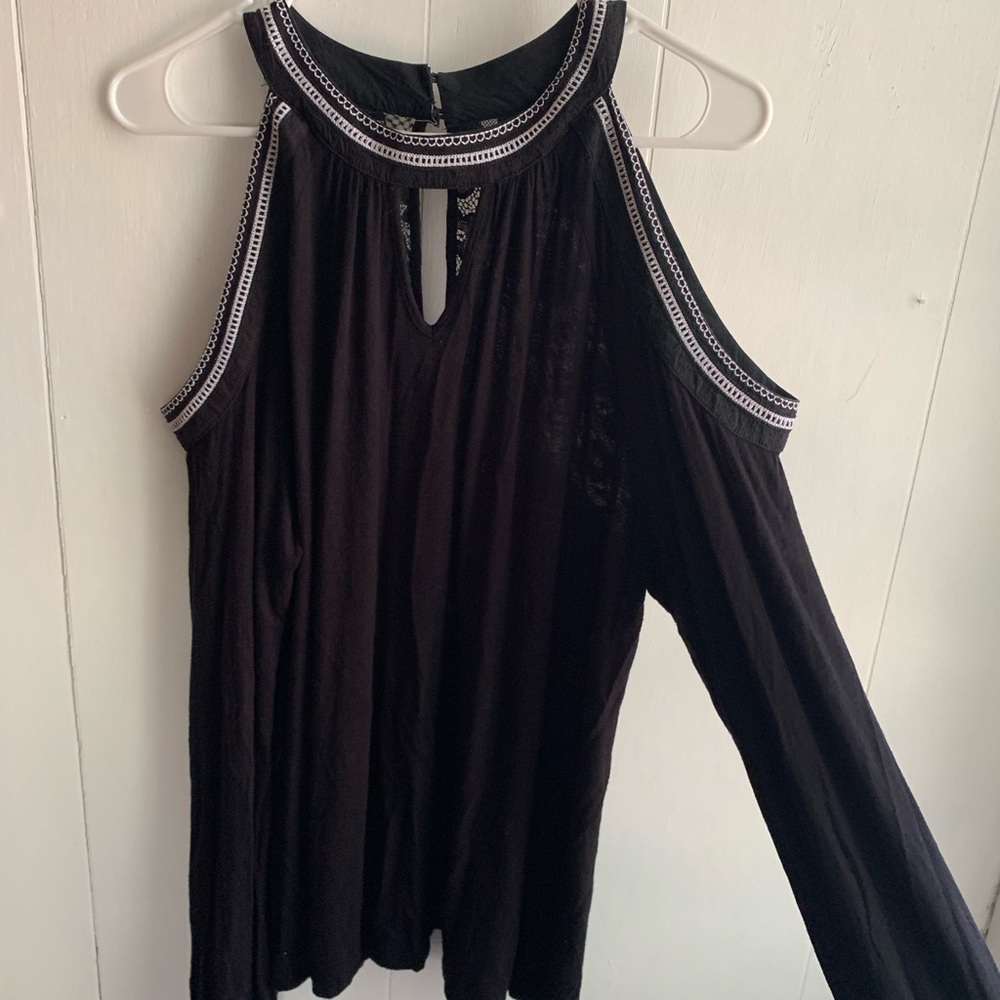 Long Sleeved Cold Shoulder Top with Accents
